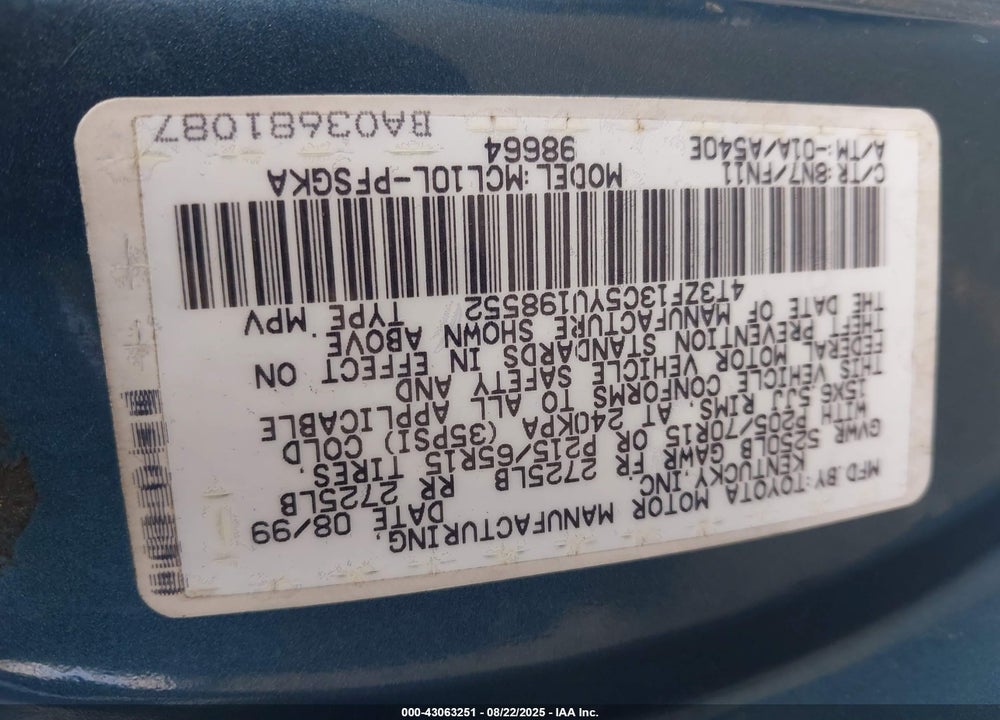 2000 TOYOTA SIENNA LE VIN: 4T3ZF13C5YU198552
