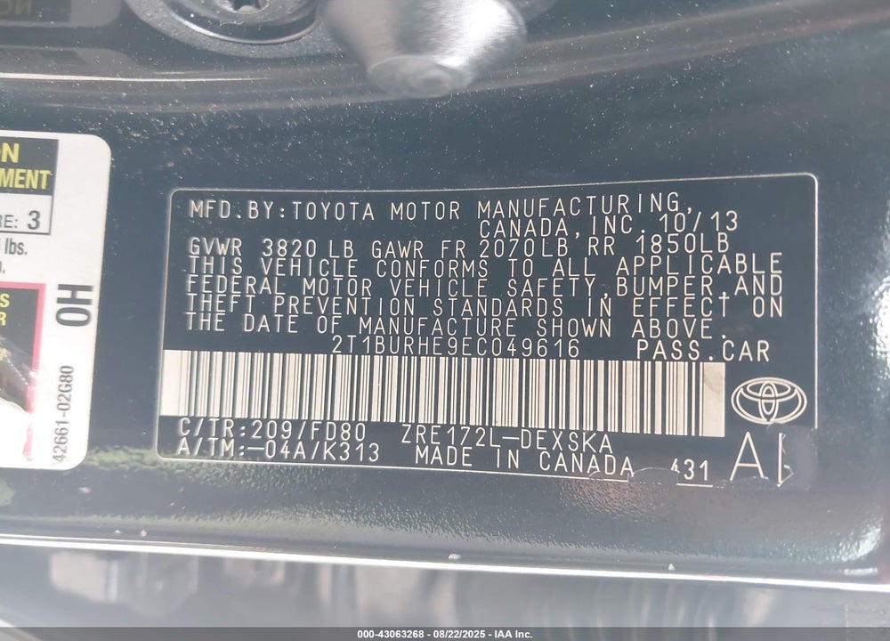 2014 TOYOTA COROLLA VIN: 2T1BURHE9EC049616