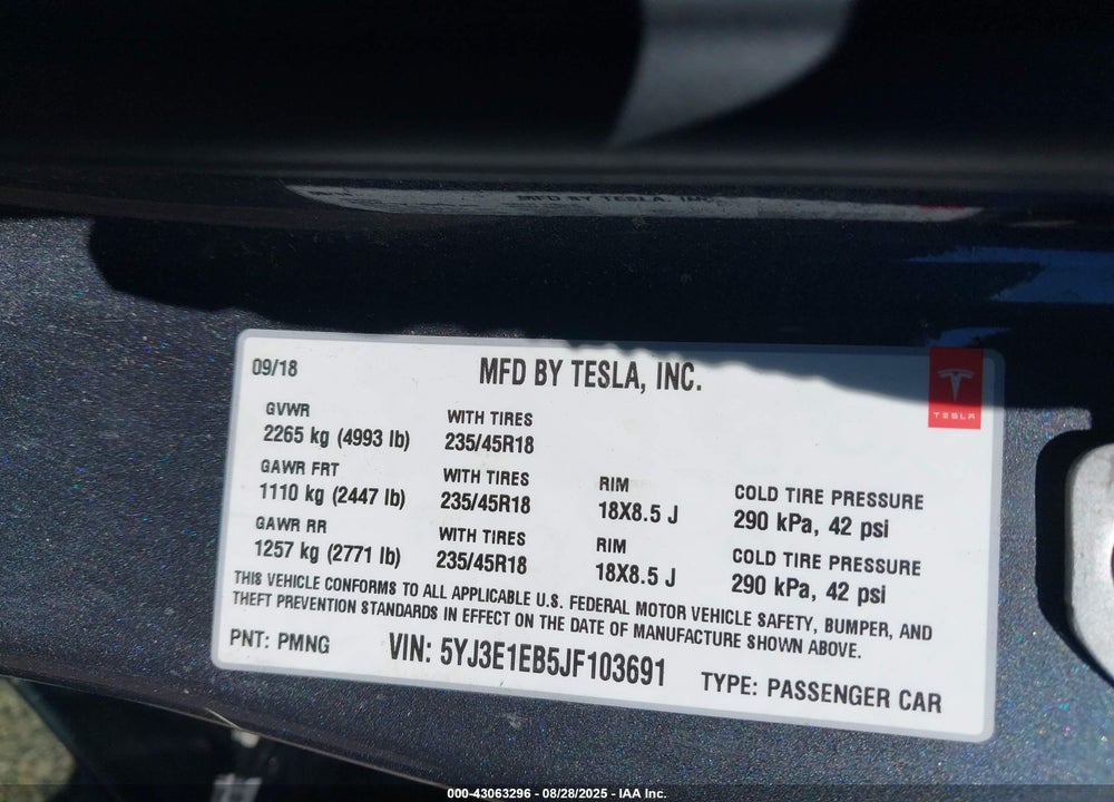 2018 TESLA MODEL 3 LONG RANGE/PERFORMANCE VIN: 5YJ3E1EB5JF103691