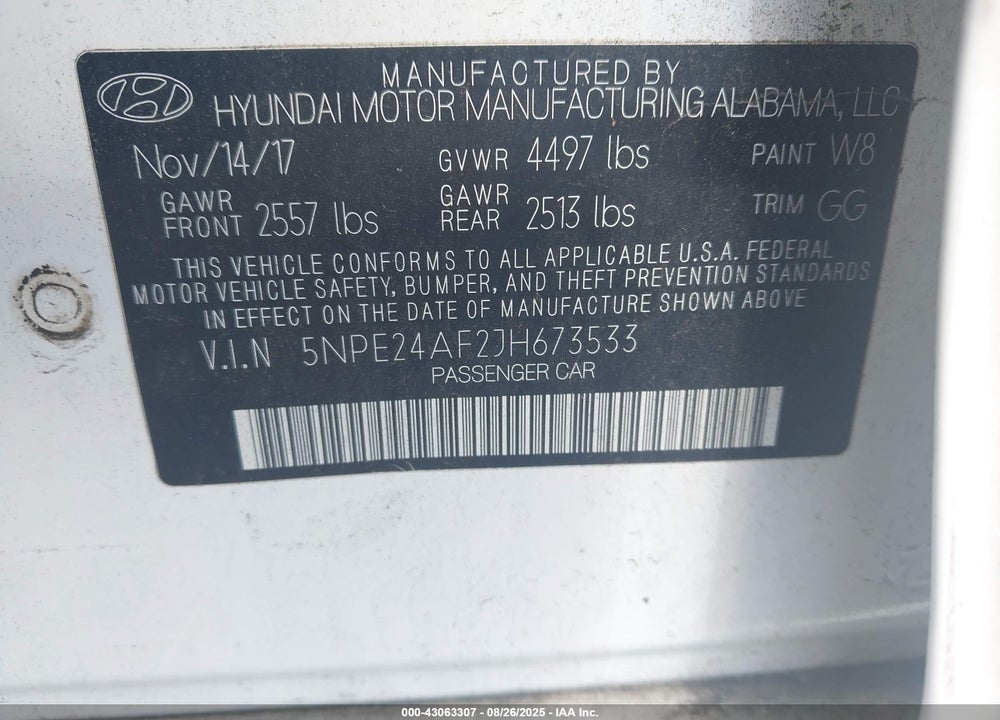 2018 HYUNDAI SONATA SE VIN: 5NPE24AF2JH673533