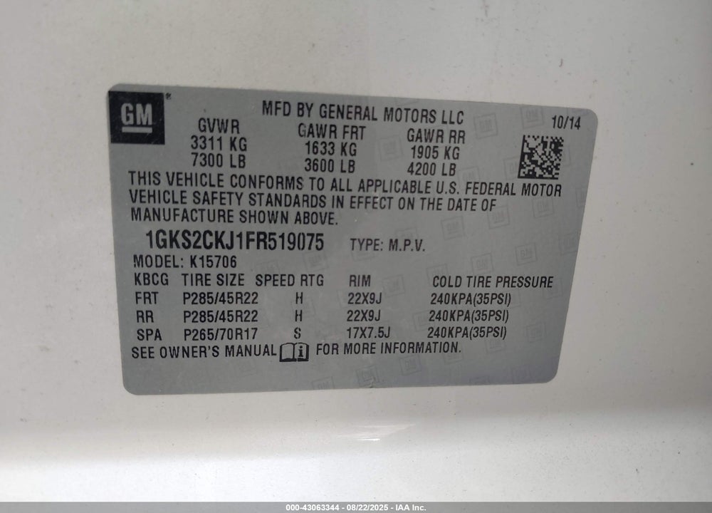 2015 GMC YUKON VIN: 1GKS2CKJ1FR519075