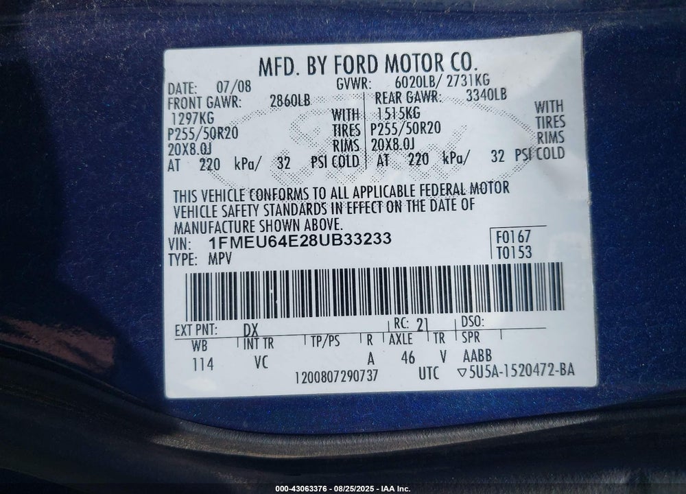 2008 FORD EXPLORER EDDIE BAUER VIN: 1FMEU64E28UB33233