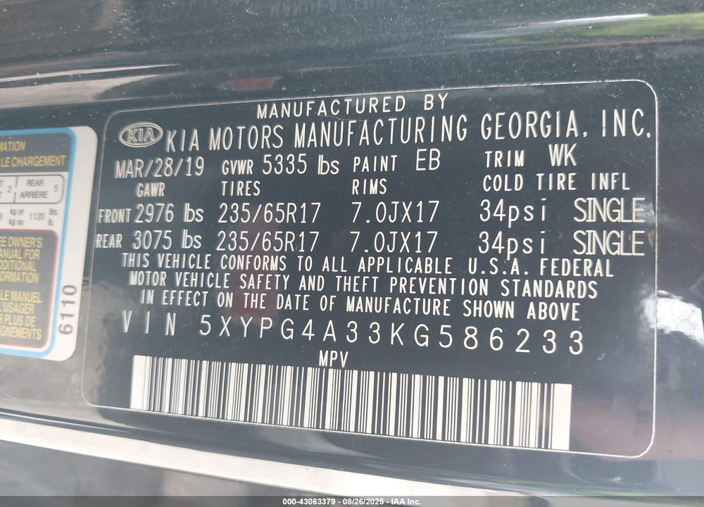 2019 KIA SORENTO 2.4L L VIN: 5XYPG4A33KG586233