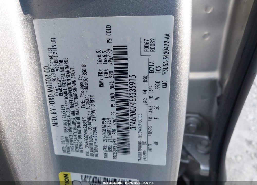 2014 FORD FUSION VIN: 3FA6P0G74ER335915