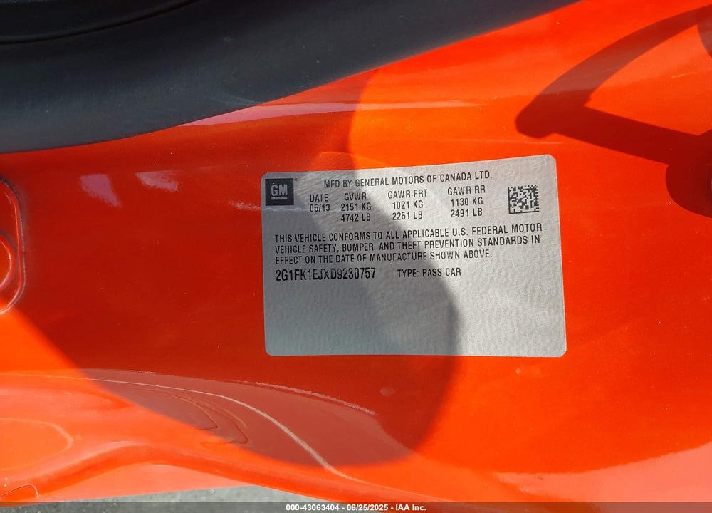 2013 CHEVROLET CAMARO VIN: 2G1FK1EJXD9230757