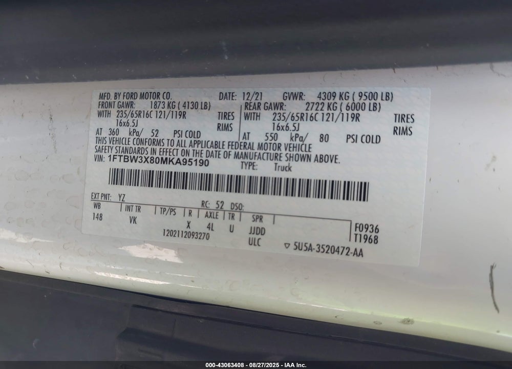 2021 FORD TRANSIT-350 CARGO VAN VIN: 1FTBW3X80MKA95190