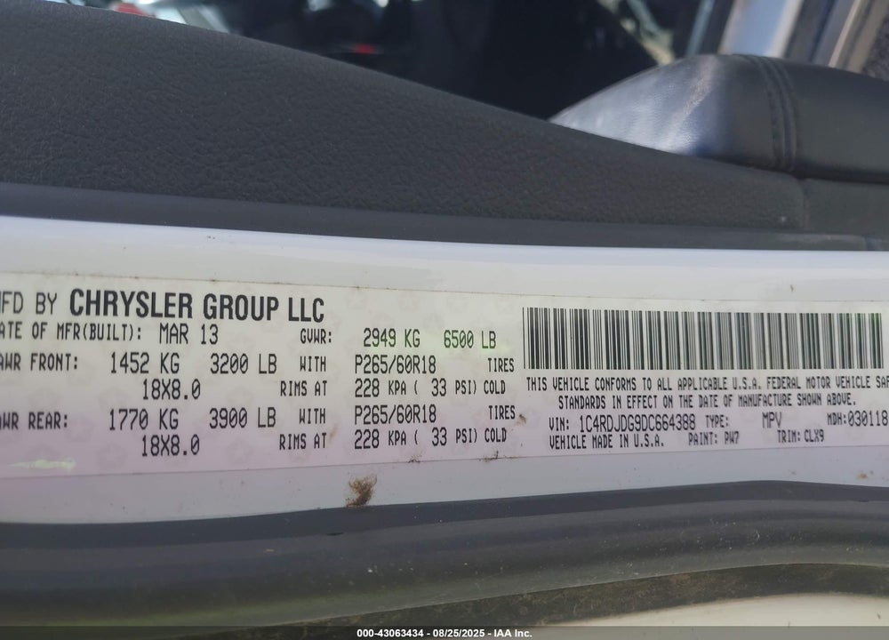 2013 DODGE DURANGO VIN: 1C4RDJDG9DC664388