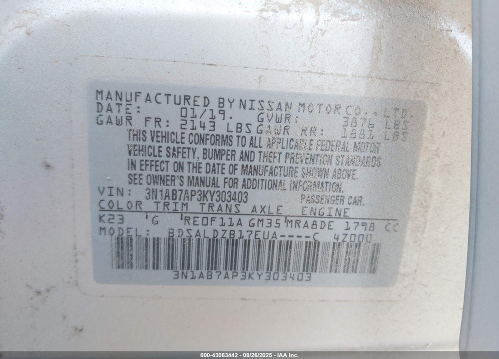 2019 NISSAN SENTRA VIN: 3N1AB7AP3KY303403