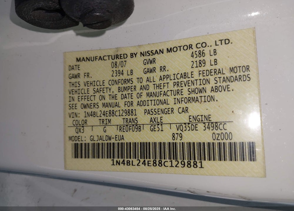 2008 NISSAN ALTIMA 3.5 SE VIN: 1N4BL24E88C129881