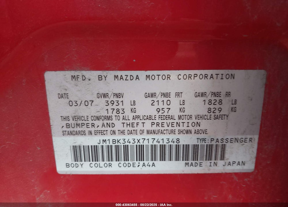 2007 MAZDA 3 VIN: JM1BK343X71741348