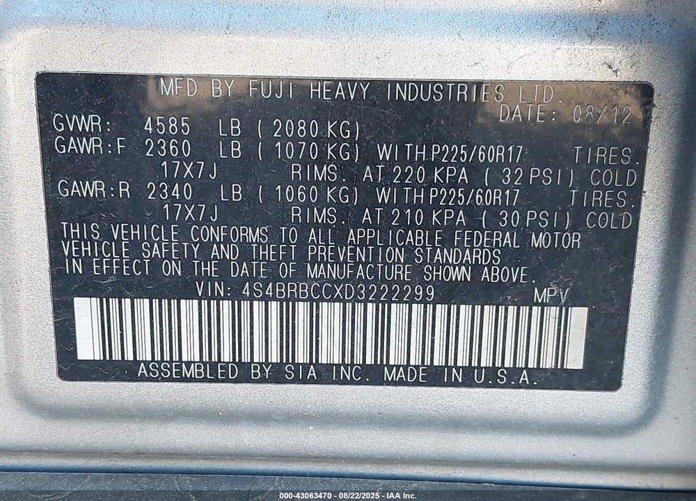 2013 SUBARU OUTBACK VIN: 4S4BRBCCXD3222299