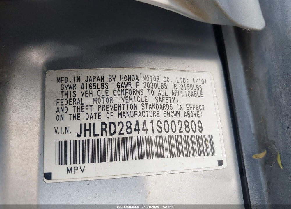 2001 HONDA CR-V LX VIN: JHLRD28441S002809