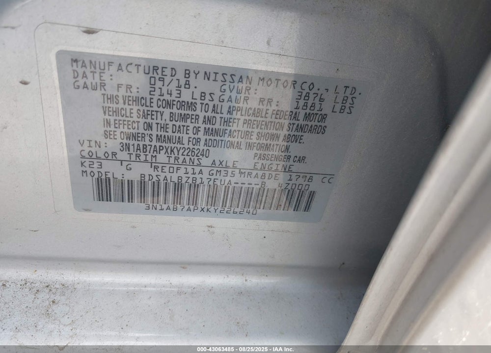2019 NISSAN SENTRA S VIN: 3N1AB7APXKY226240