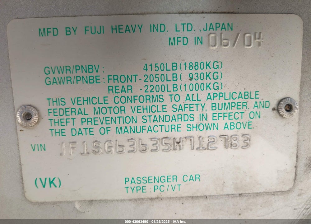 2005 SUBARU FORESTER 2.5X VIN: JF1SG63635H712783