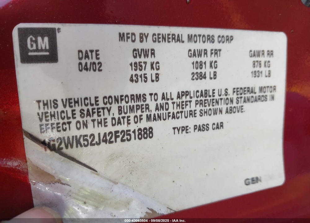 2002 PONTIAC GRAND PRIX SE VIN: 1G2WK52J42F251888