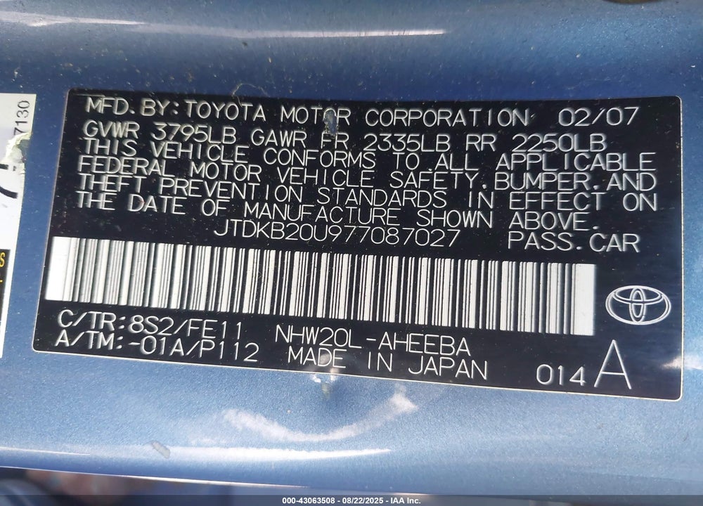 2007 TOYOTA PRIUS VIN: JTDKB20U977087027