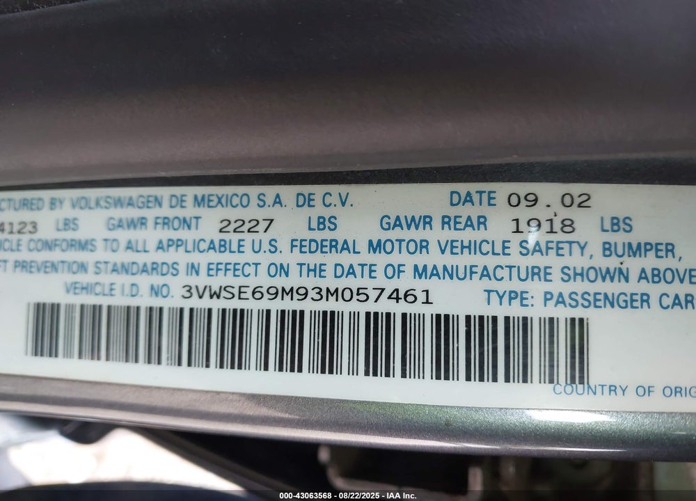 2003 VOLKSWAGEN JETTA GLS 1.8T VIN: 3VWSE69M93M057461