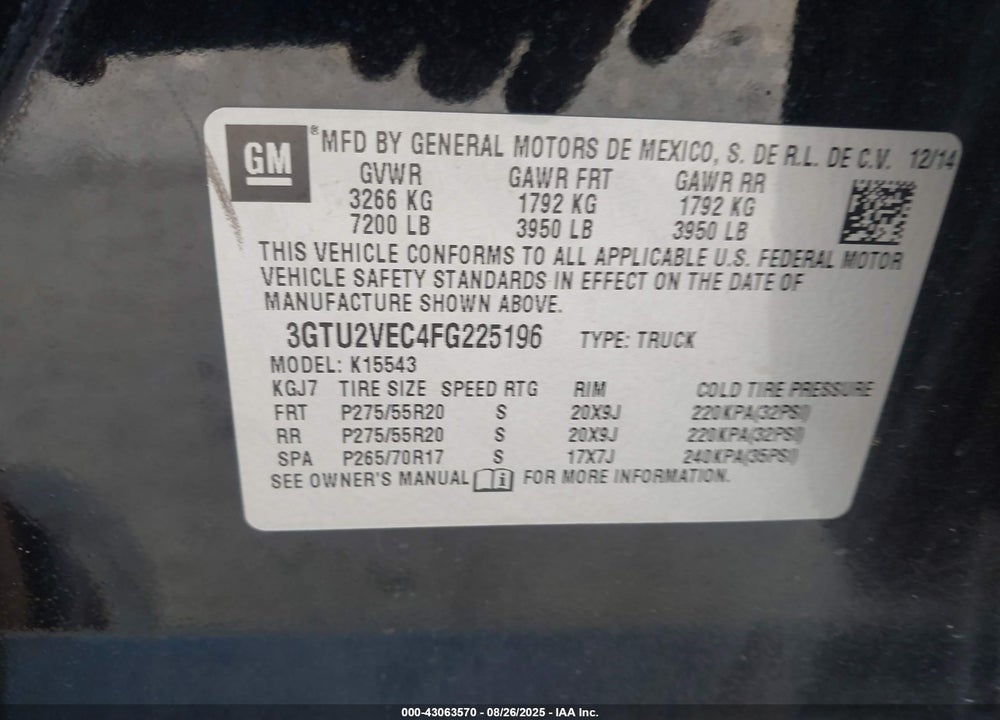2015 GMC SIERRA 1500 VIN: 3GTU2VEC4FG225196