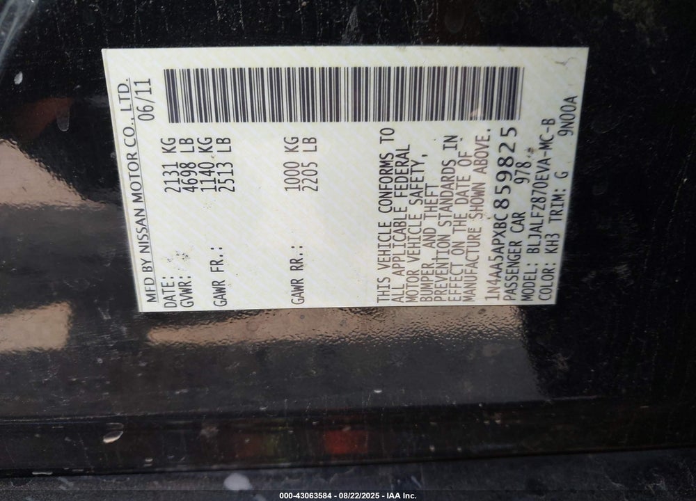 2011 NISSAN MAXIMA VIN: 1N4AA5APXBC859825