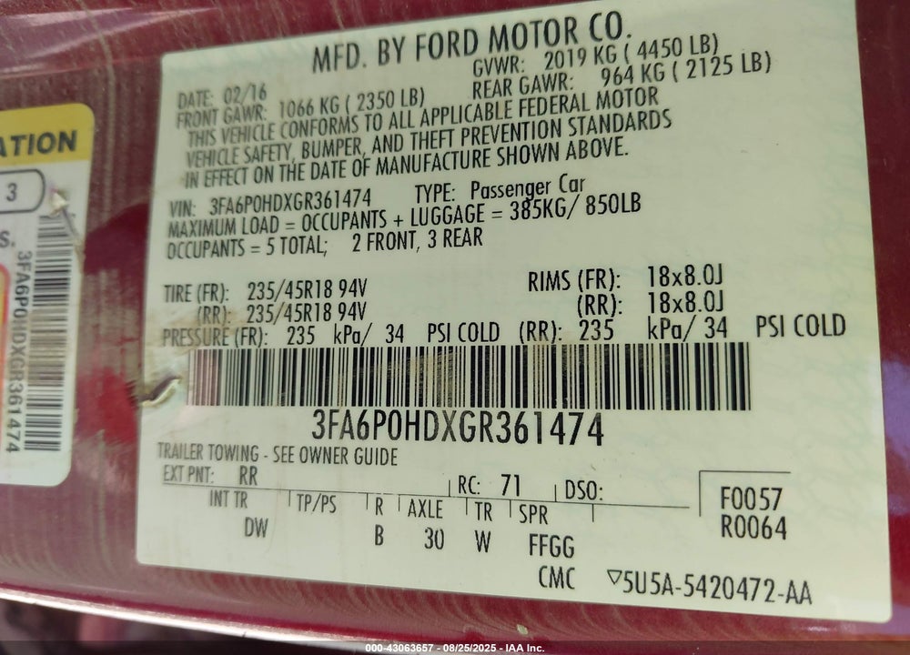 2016 FORD FUSION VIN: 3FA6P0HDXGR361474