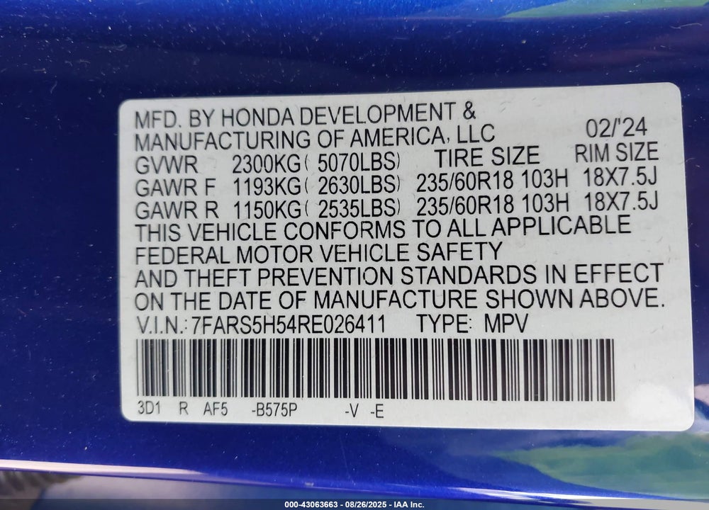 2024 HONDA CR-V VIN: 7FARS5H54RE026411