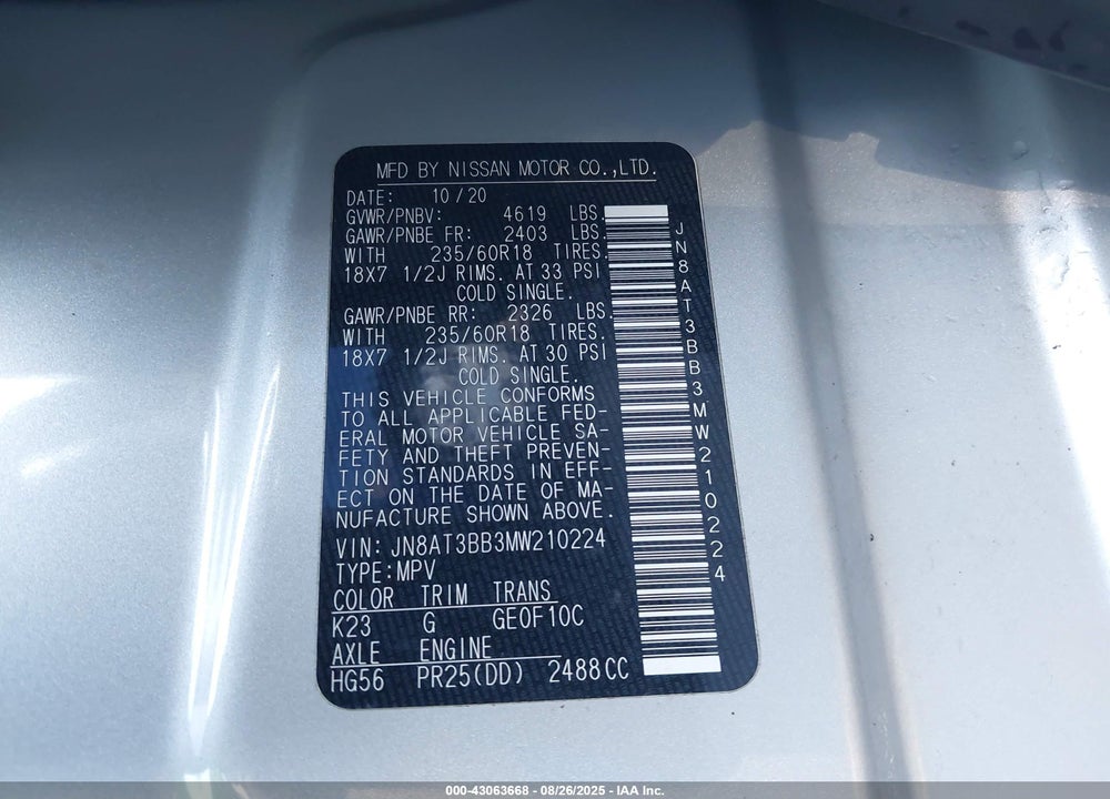 2021 NISSAN ROGUE VIN: JN8AT3BB3MW210224
