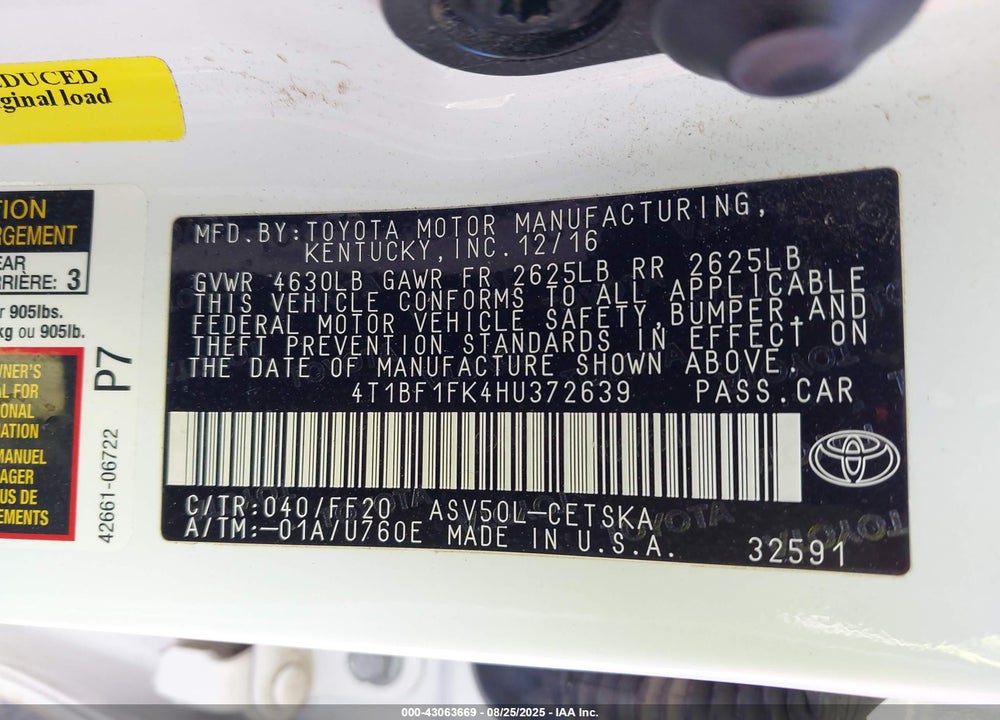 2017 TOYOTA CAMRY SE VIN: 4T1BF1FK4HU372639