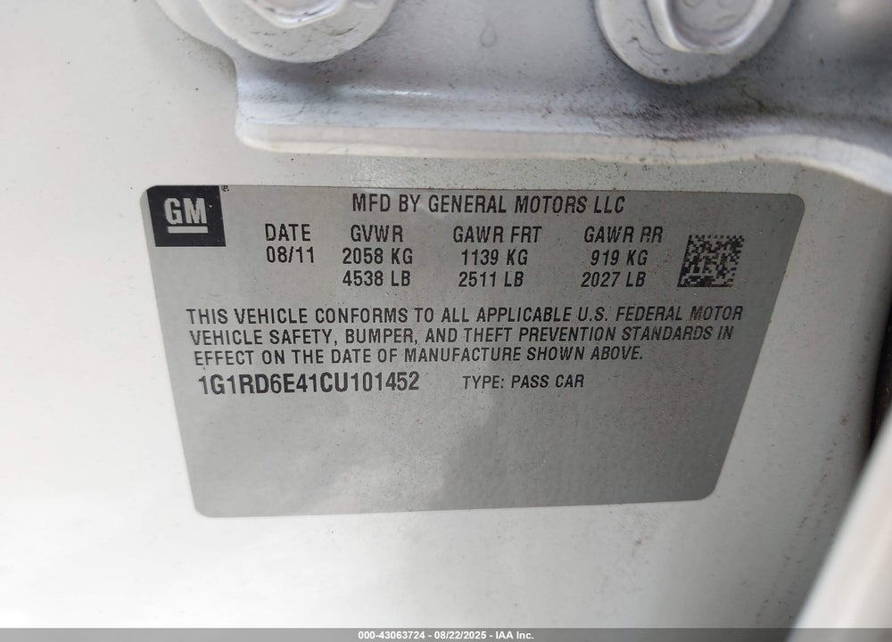 2012 CHEVROLET VOLT VIN: 1G1RD6E41CU101452