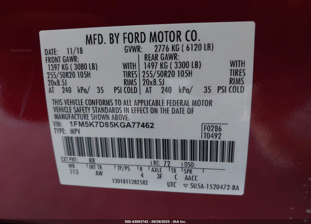 2019 FORD EXPLORER VIN: 1FM5K7D85KGA77462