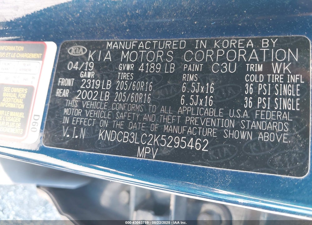 2019 KIA NIRO VIN: KNDCB3LC2K5295462