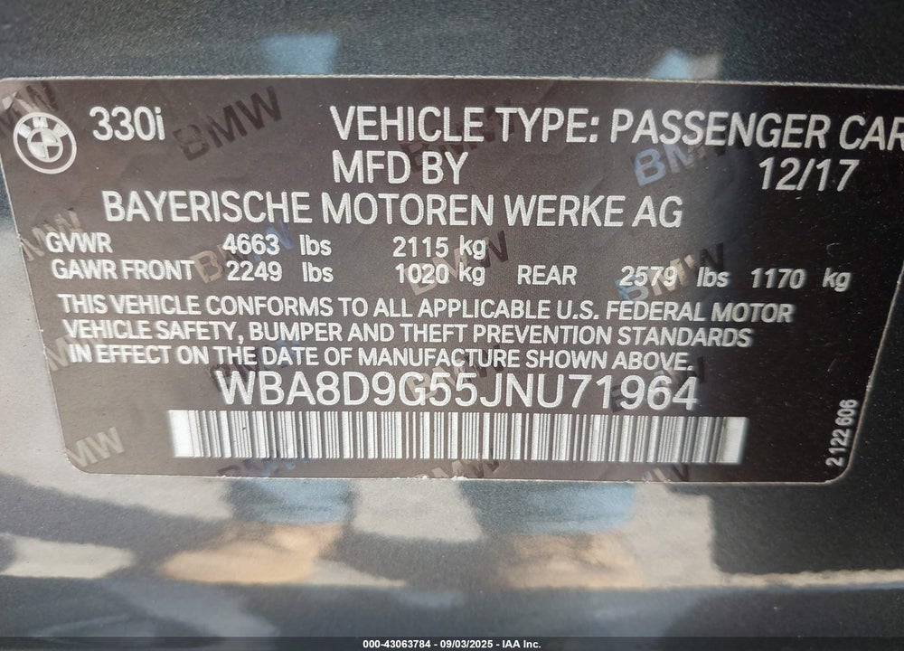2018 BMW 3 SERIES VIN: WBA8D9G55JNU71964