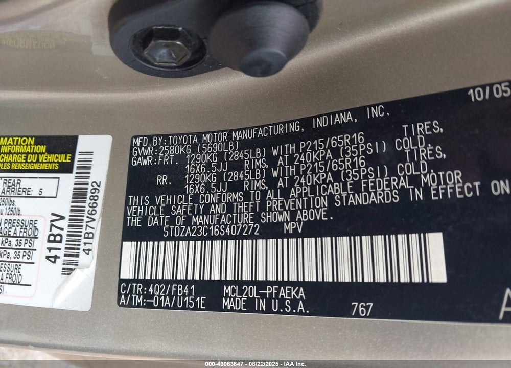 2006 TOYOTA SIENNA CE VIN: 5TDZA23C16S407272