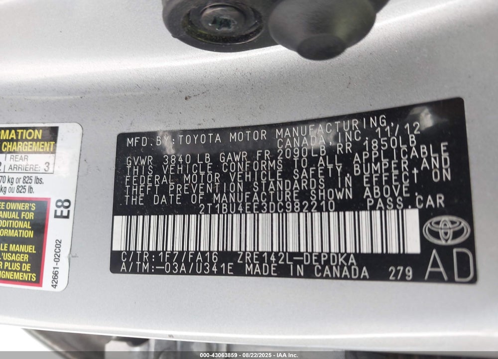 2013 TOYOTA COROLLA VIN: 2T1BU4EE3DC982210