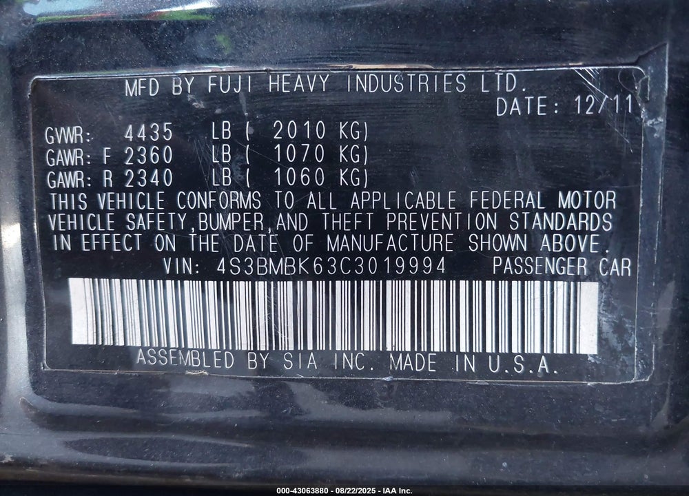 2012 SUBARU LEGACY VIN: 4S3BMBK63C3019994