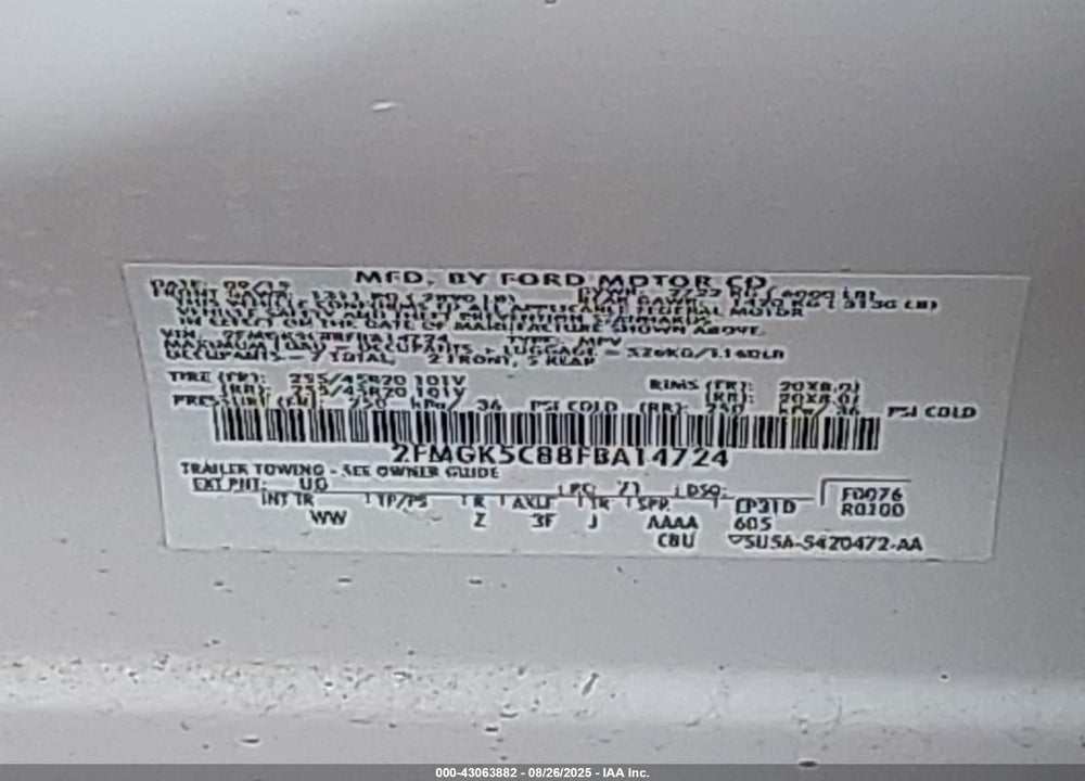 2015 FORD FLEX VIN: 2FMGK5C88FBA14724