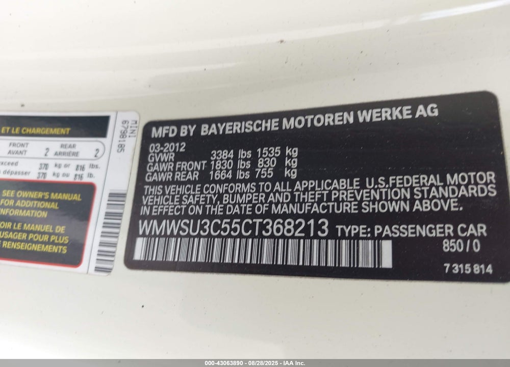 2012 MINI COOPER VIN: WMWSU3C55CT368213