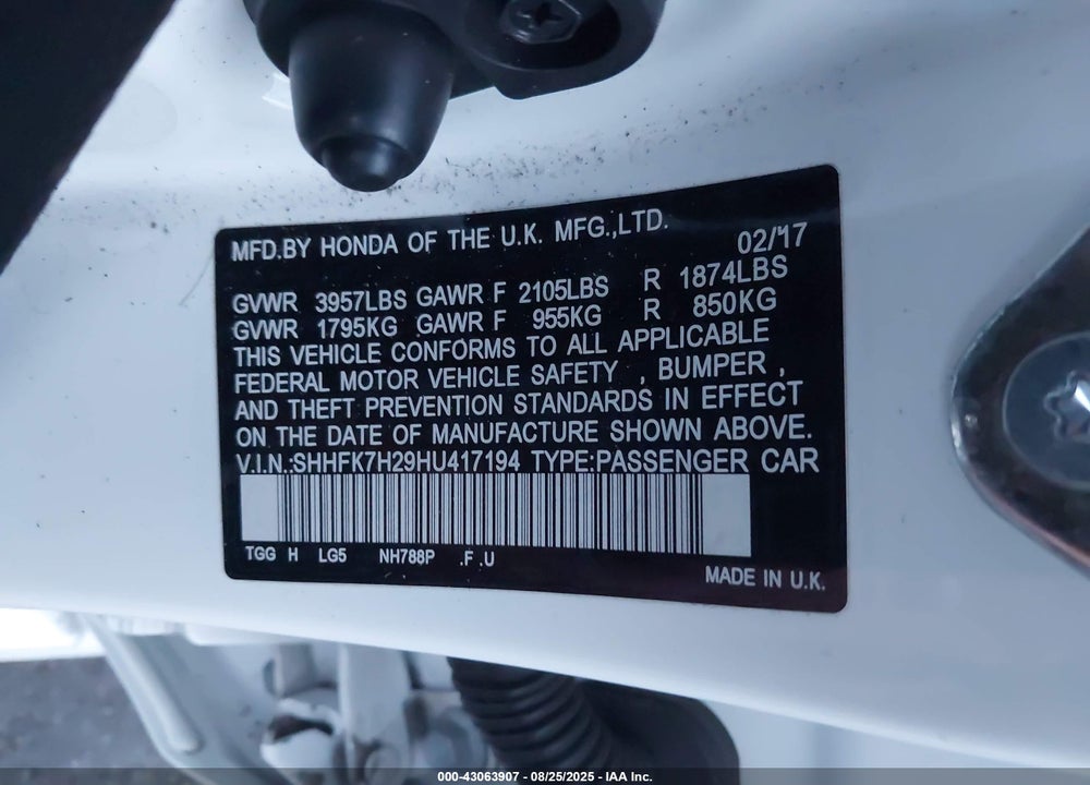 2017 HONDA CIVIC VIN: SHHFK7H29HU417194