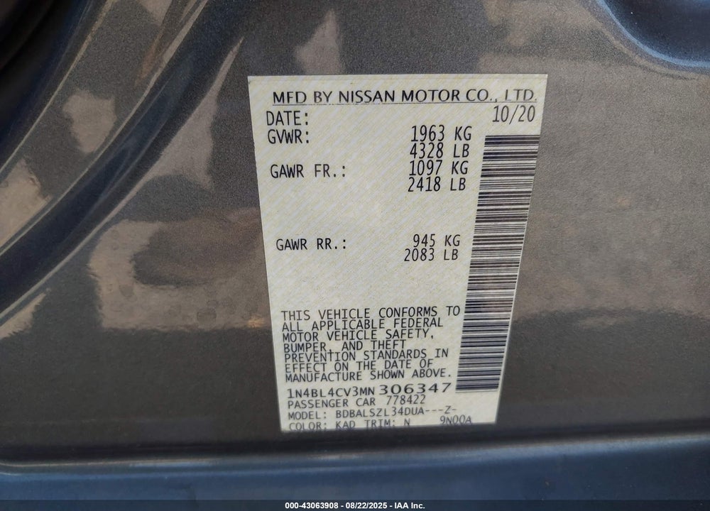 2021 NISSAN ALTIMA VIN: 1N4BL4CV3MN306347