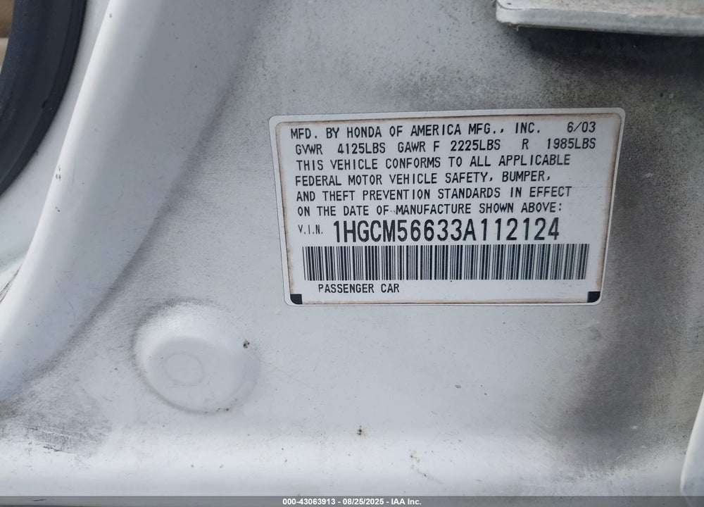 2003 HONDA ACCORD 2.4 EX VIN: 1HGCM56633A112124