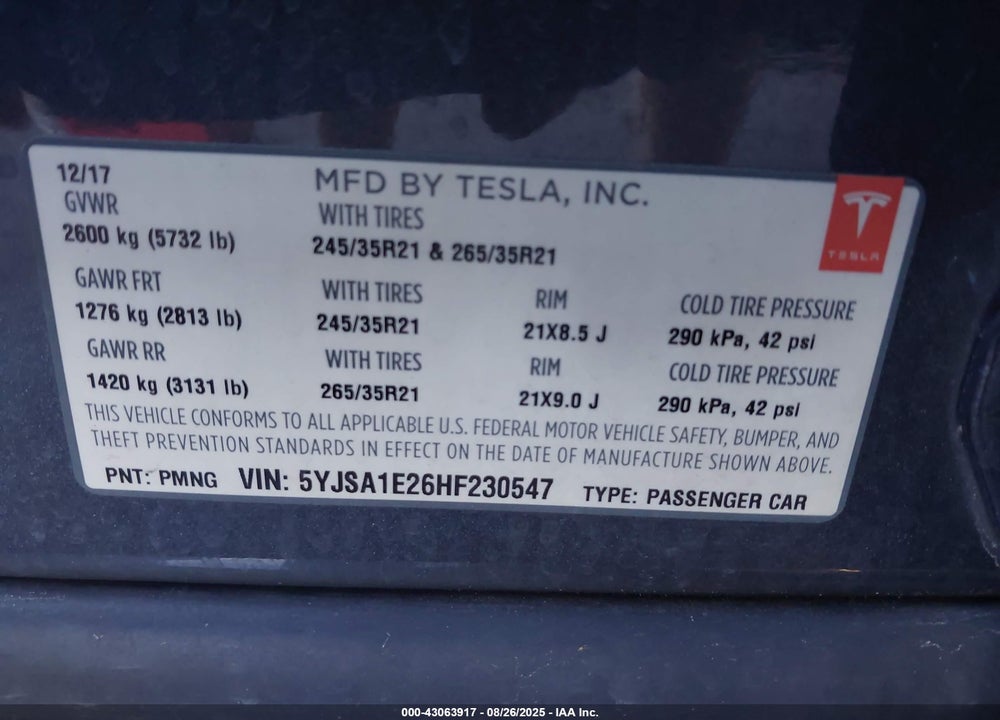 2017 TESLA MODEL S VIN: 5YJSA1E26HF230547