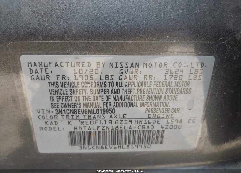 2021 NISSAN VERSA VIN: 3N1CN8EV6ML819950