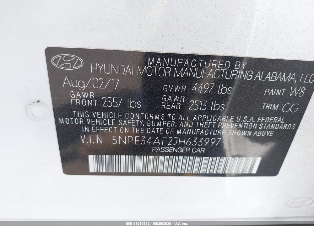 2018 HYUNDAI SONATA VIN: 5NPE34AF2JH633997