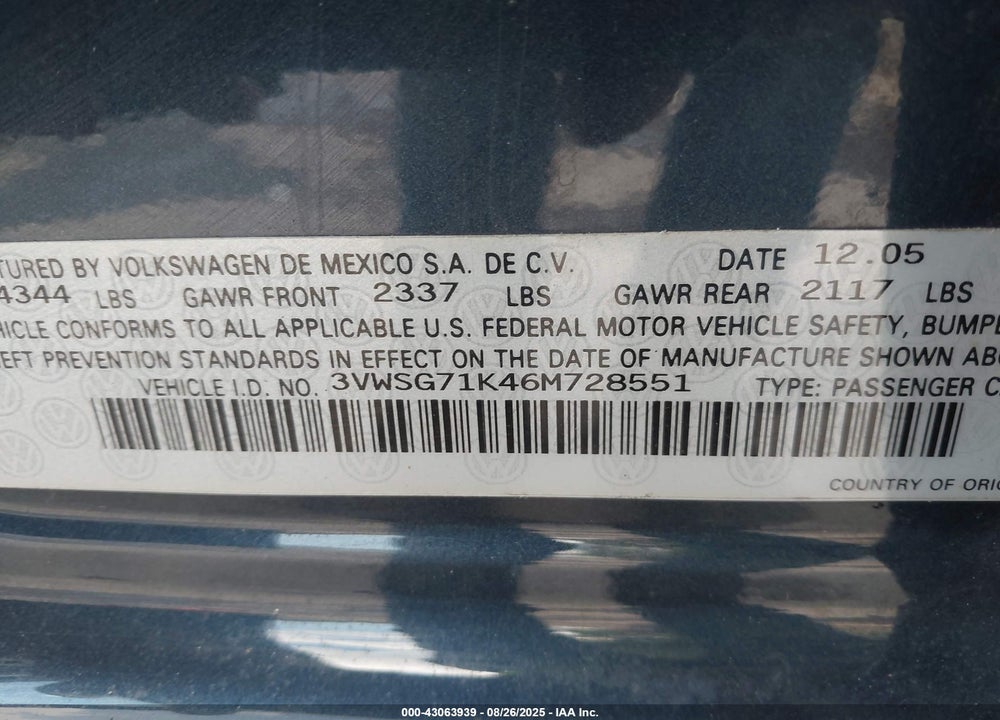 2006 VOLKSWAGEN JETTA 2.5 VIN: 3VWSG71K46M728551