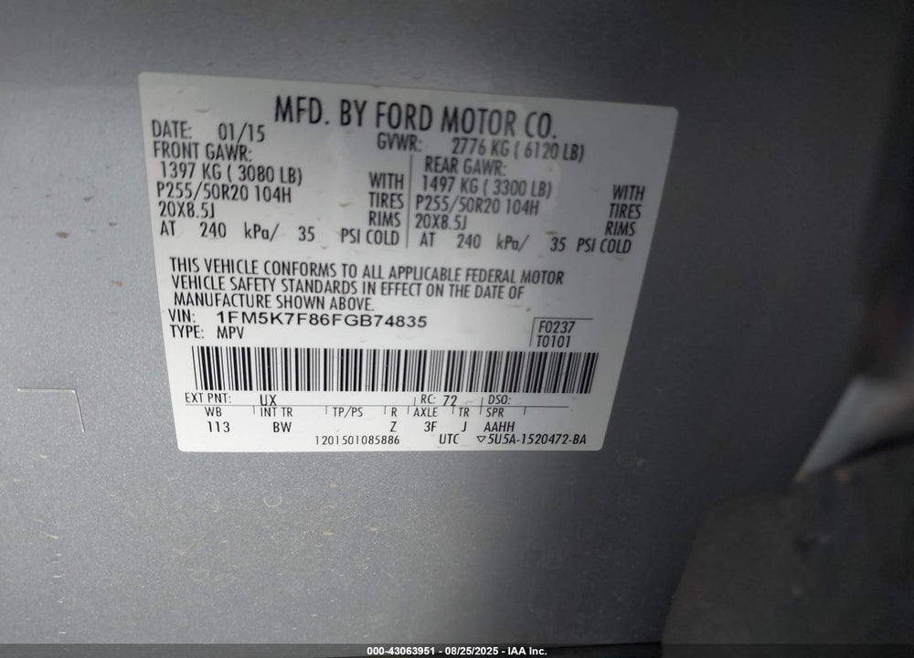 2015 FORD EXPLORER VIN: 1FM5K7F86FGB74835