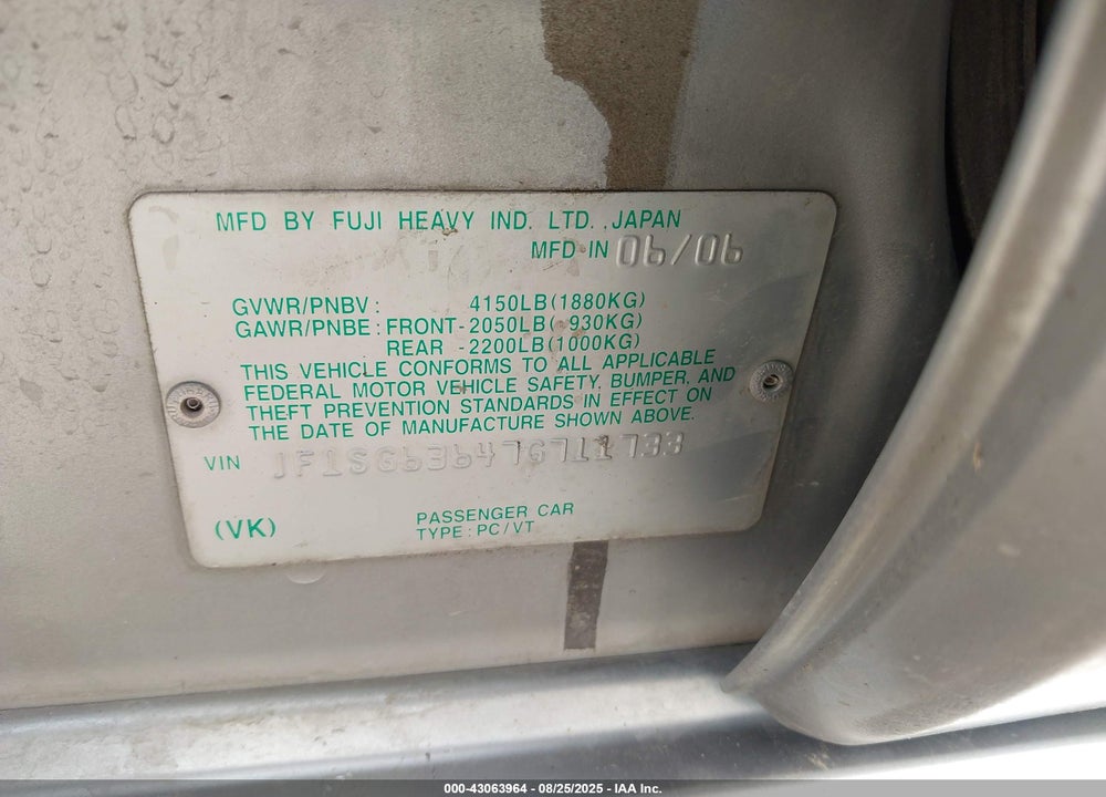 2007 SUBARU FORESTER 2.5X VIN: JF1SG63647G711733