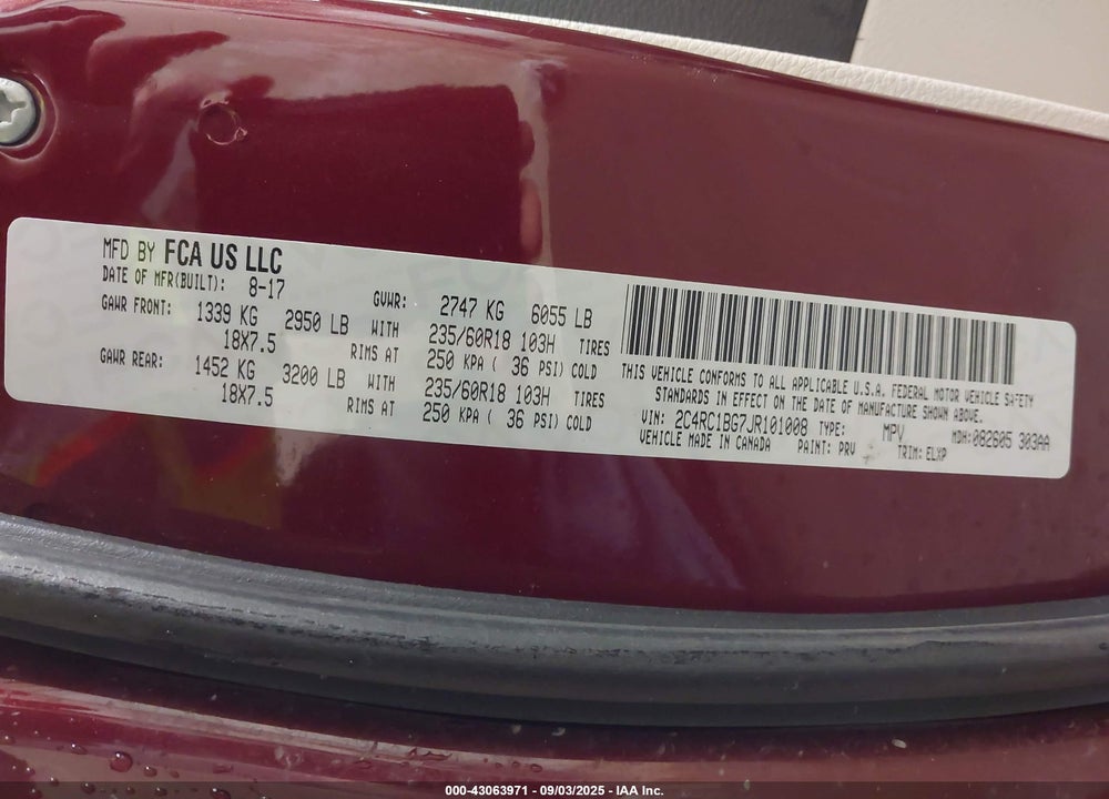 2018 CHRYSLER PACIFICA TOURING L VIN: 2C4RC1BG7JR101008