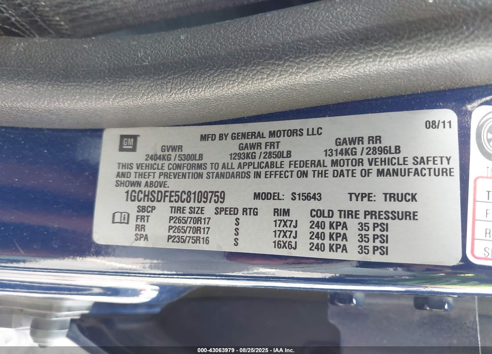 2012 CHEVROLET COLORADO VIN: 1GCHSDFE5C8109759