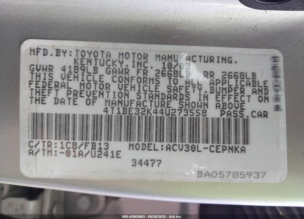 2004 TOYOTA CAMRY VIN: 4T1BE32K44U273558