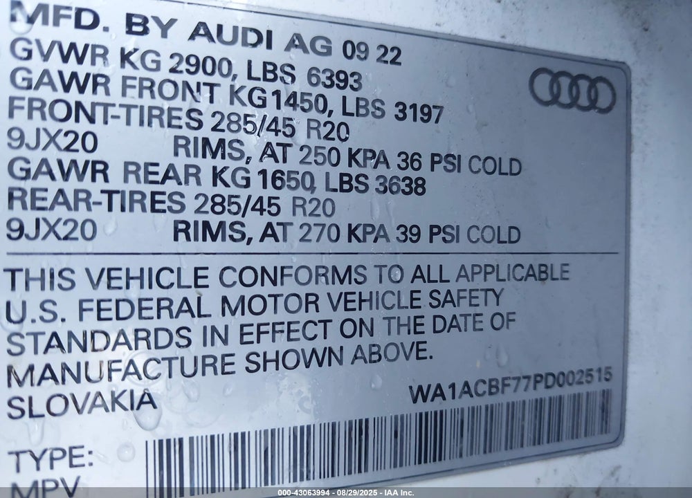 2023 AUDI Q7 VIN: WA1ACBF77PD002515