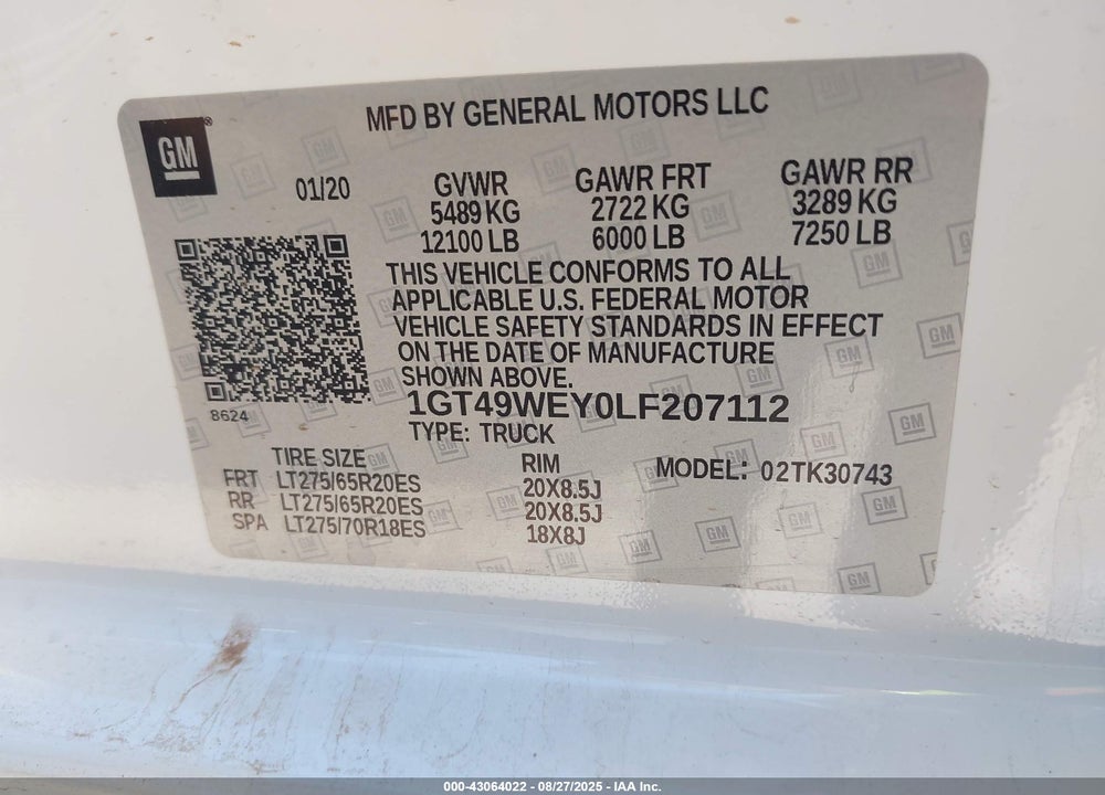 2020 GMC SIERRA 3500HD 4WD  STANDARD BED DENALI VIN: 1GT49WEY0LF207112